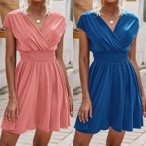 Casual Solid Color V-neck Cap Sleeve Smocked Waist Mini Dress
