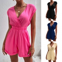 Casual Solid Color V-neck Cinched Waist Romper