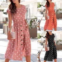 Casual Dot Printed Round Neck Cap Sleeve Buttoned Self-tie Dress