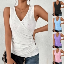 Casual V-neck Buttoned Ruched Sleeveless Shirt