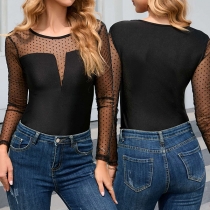 Casual Dot Printed Mesh Spliced Round Neck Long Sleeve Shirt