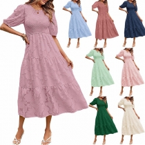 Elegant Lace Spliced Round Neck Puff Sleeve Smocked Tiered Dress