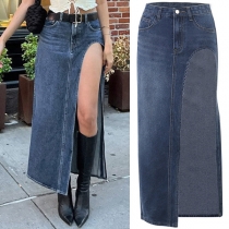 Street Fashion Old-washed High Slit Denim Skirt