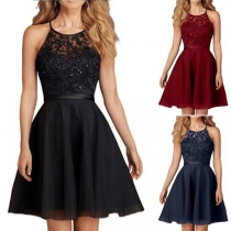 Elegant Solid Color Lace Spliced Halter Dress