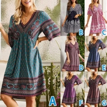 Bohemia Style Floral Printed V-neck Short Sleeve Dress