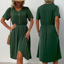Casual Solid Color Buttoned Round Neck Short Sleeve Slit Dress