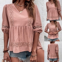 Fashion Lace Spliced V-neck Elbow Sleeve Shirt