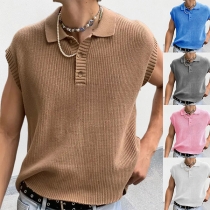 Casual Solid Color Stand Collar Knitted Sleeveless Shirt for Men