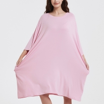 Comfortable Solid Color Round Neck Elbow Sleeve Loose Loungewear Dress