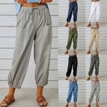 Casual Solid Color Drawstring Patch Pockets Loose Pants