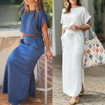 Fashion Solid Color Two-piece Set Consist of Short Sleeve Crop Top and Slit Maxi Skirt
