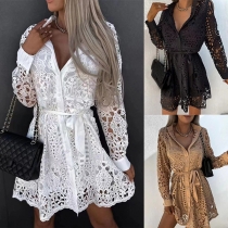 Elegant Stand Collar Long Sleeve Buttoned  Lace Dress