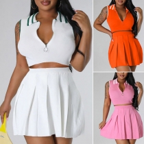 Fashion Solid Color Two-piece Set Consist of Stand Collar Crop Top and Pleated Skirt