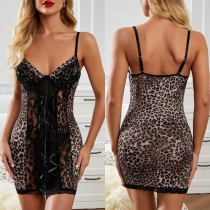Sexy Lace Spliced Leopard Printed V-neck Slip Nightwear Dress