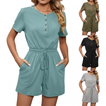 Casual Solid Color Buttoned Round Neck Short Sleeve Smocked Drawstring Waist Side Pockets Romper