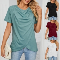 Casual Solid Color Draped Neck Short Sleeve Slit Shirt