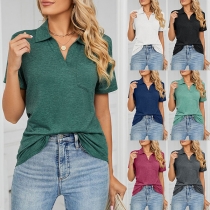 Casual Stand Collar V-neck Short Sleeve Chest Patch Pockets Shirts