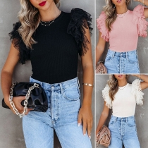 Fashion Solid Color Gauze Spliced Ruffled Sleeve Round Neck Ribbed Shirt