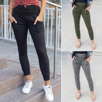 Fashion Ruched High-rise Patch Pockets Pants
