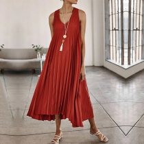 Fashion Solid Color Round Neck Sleeveless Pleated Dress