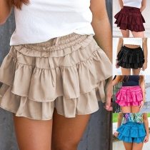 Sexy Solid Color Smocked Drawstring Waist Ruffle Mini Skirt