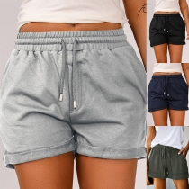 Casual Solid Color Elastic Drawstring Shorts for Women