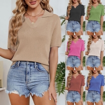 Casual Solid Color Polo Neck Short Sleeve Knitted Shirt