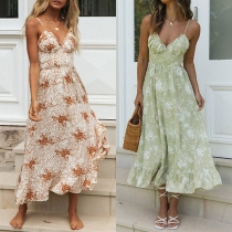 Bohemia Style Floral Printed V-neck Backless Slip Dress