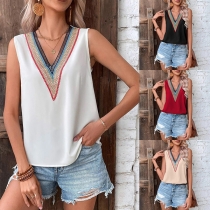 Casual Colorful Lace Spliced V-neck Sleeveless Shirt