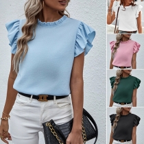 Fashion Ruffled Round Neck Cap Sleeve Shirt