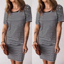 Fashion Contrast Color Stripe Printed Round Neck Short Sleeve Dress