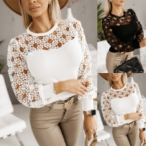 Fashion Lace Spliced Hollow Out Round Neck Long Sleeve Shirt