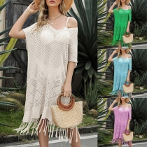 Bohemia Style Hollow-out Tassel Short Sleeve Loose Beach Dress