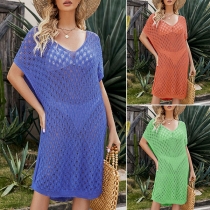 Bohemia Style Hollow-out Batwing Sleeve Beach Cover-up Dress