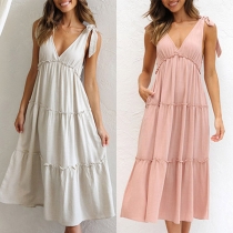 Casual Solid Color V-neck Self-tie Backless Tiered Dress