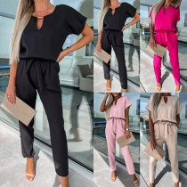 Casual Solid Color Cutout Short Sleeve Self-tie Jumpsuit