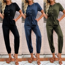 Casual Solid Color Buttoned Round Neck Short Sleeve Drawstring Jumpsuit