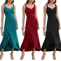 Elegant Solid Color V-neck Ruffled Slit Midi Dress