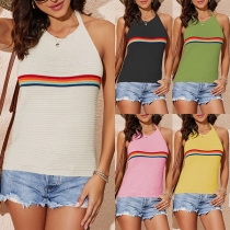 Casual Rainbow Stripe Printed Halterneck Backless Knitted Shirt