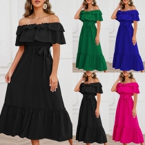 Sexy Solid Color Ruffled Off-the-shoulder Self-tie Midi Dress