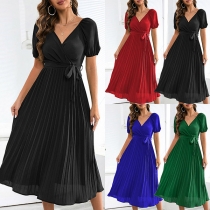 Fashion Solid Color V-neck Short Sleeve Self-tie Pleated Dress