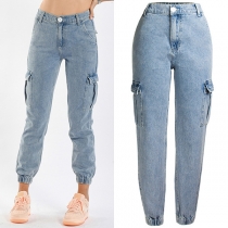 Vintage Old-washed Mid-rise Denim Jeans with Side Patch Pockets