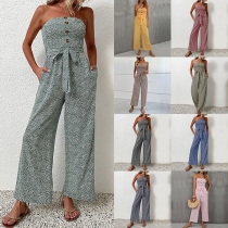 Fashion Printed Strapless Self-tie Buttoned Wide-leg Jumpsuit