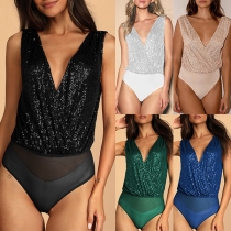 Sexy Sequined V-neck Draped Backless Bodysuit