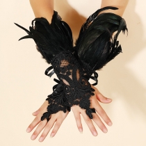 Fashion Lace Spliced Feather Spliced Gloves for Christmas, Halloween or Cosplay