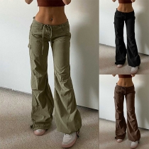 Fashion Solid Color Wide-leg Drawstring Low-rise Pants