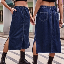 Fashion  Patch Pockets Slit Denim Skirt
