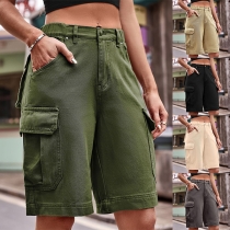 Fahion Solid Color Side Patch Pockets Denim Shorts for Women