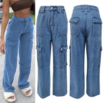 Fashion Multi-pockets Wide-leg Denim Jeans