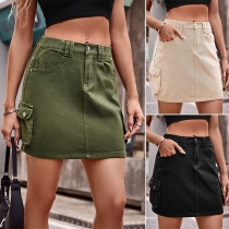 Fashion Solid Color Side Patch Pockets Mini Skirt